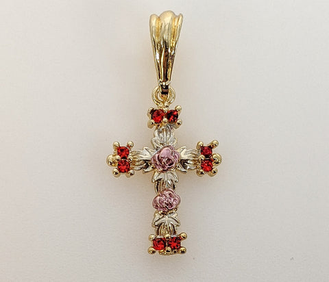 Plated Tri-Color Dainty Rose Cross Pendant
