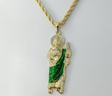 Gold plated multicolor Saint Jude necklace with braided chain design.
Gold plated Saint Jude rope and braided chain mult