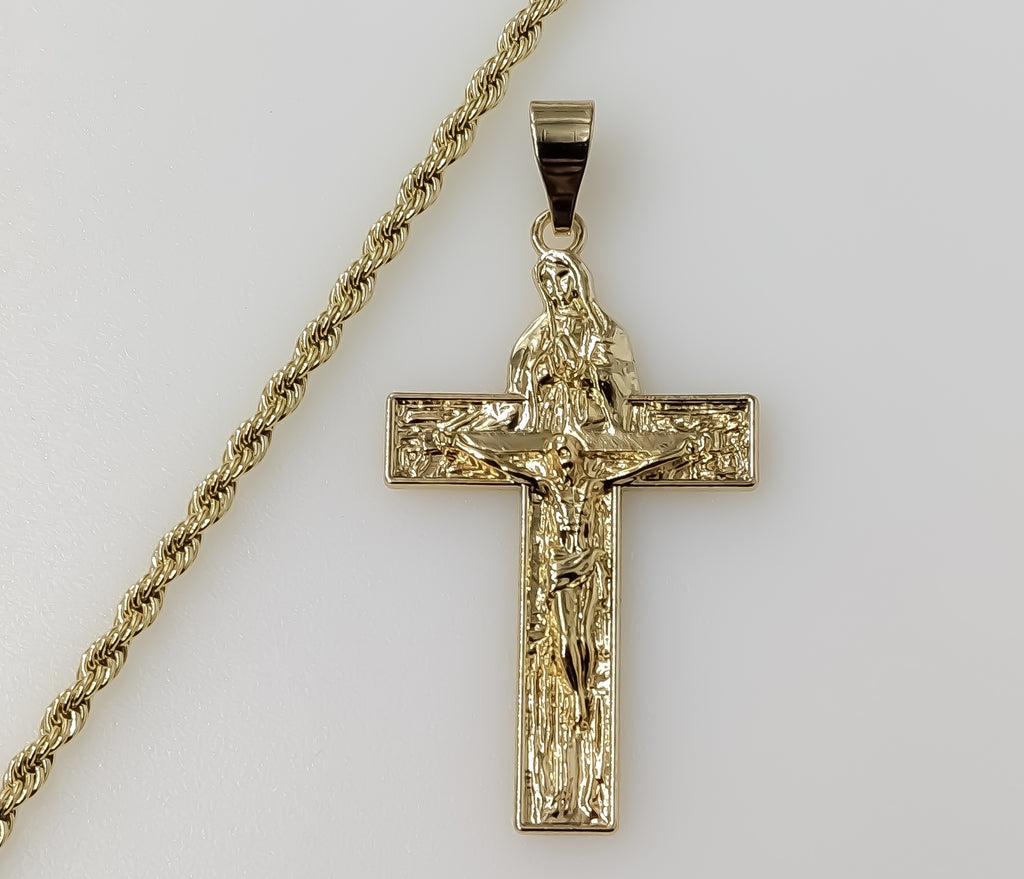Virgin Mary Jesus Crucifix Cross Golden Plated 3mm Rope Braided Chain Necklace