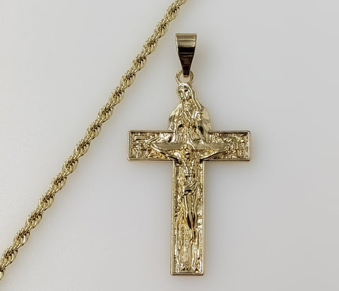 Virgin Mary Jesus Crucifix Cross Golden Plated 3mm Rope Braided Chain Necklace