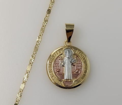 Gold plated Saint Benedict medal necklace on a solid chain with stars.

Gold plated Saint Benedict medal pendant on a st