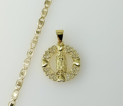 Gold plated mariner anchor chain 3mm flat link necklace with Virgin Mary pendant.

Gold plated anchor chain 3mm flat lin
