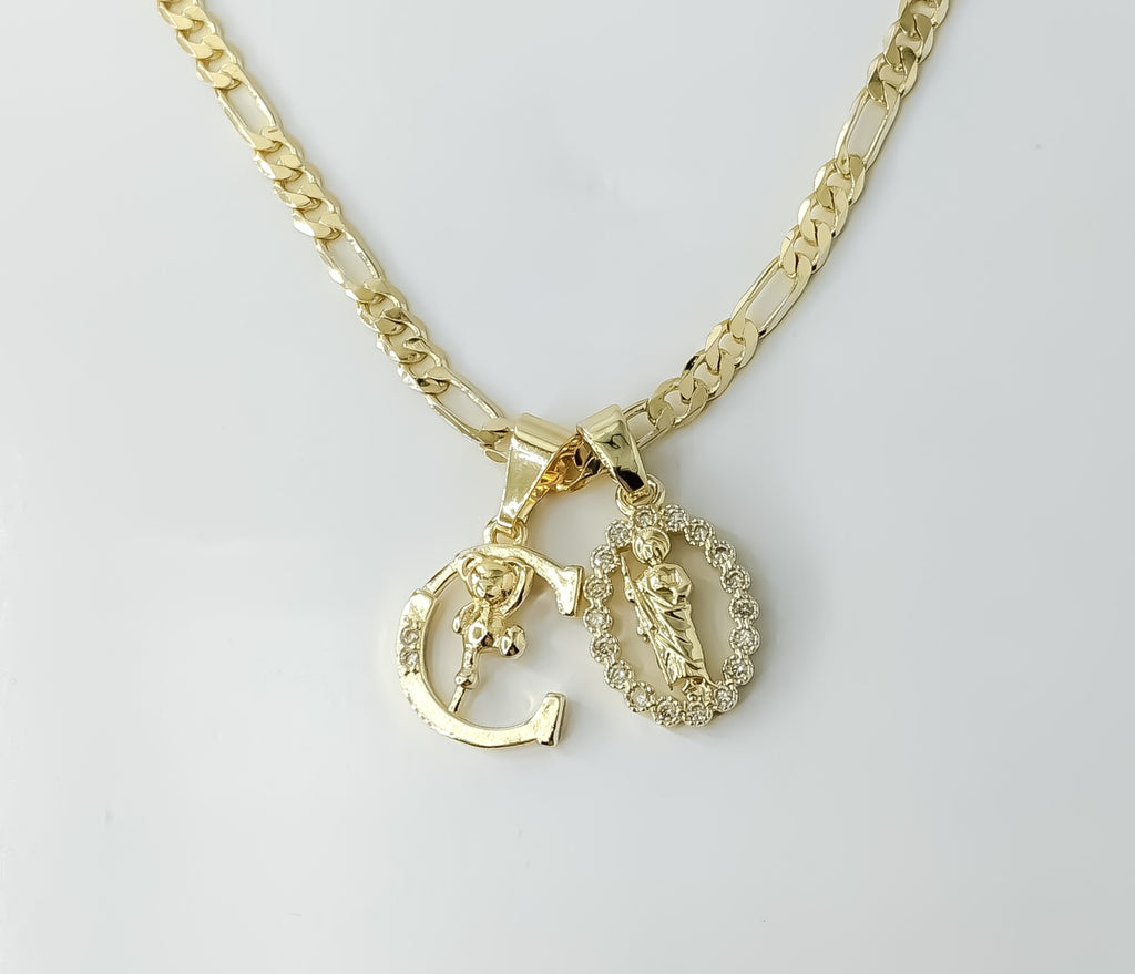 Plated Dainty Letter "C" Saint Jude Double Pendants 3mm Figaro Chain Necklace