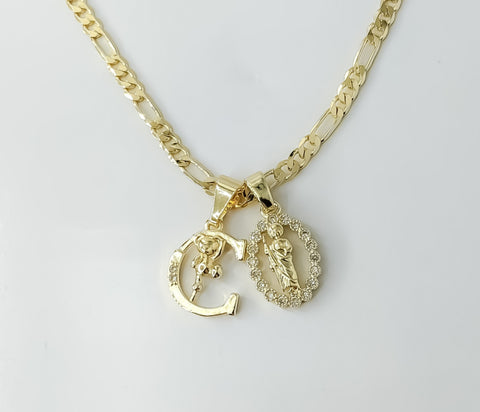 Plated Dainty Letter "C" Saint Jude Double Pendants 3mm Figaro Chain Necklace