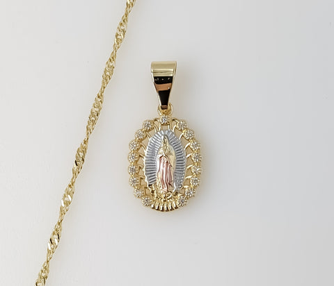 Plated Dainty Tri-Color Virgin Mary 14K Twist Chain Necklace