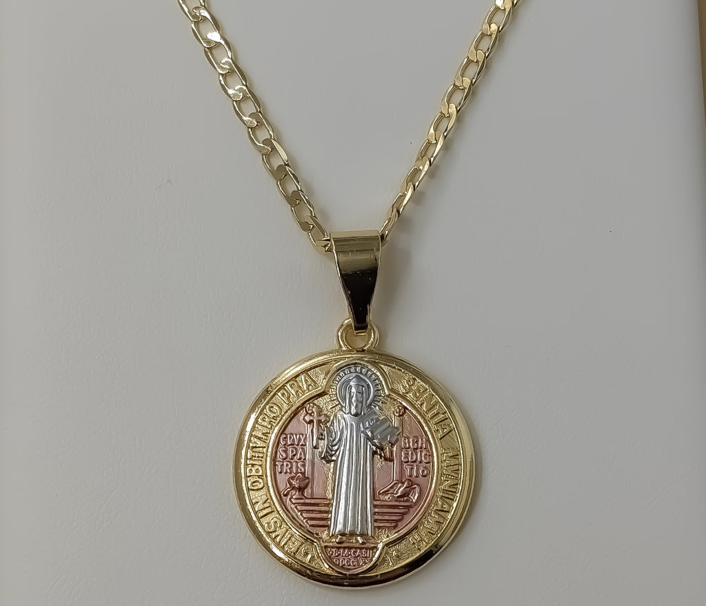 Gold plated Saint Benedict medal necklace with 14K chain and Cuban link design.
Tri-color 25mm Saint Benedict medal nec