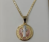 Gold plated Saint Benedict medal necklace with 14K chain and Cuban link design.
Tri-color 25mm Saint Benedict medal nec