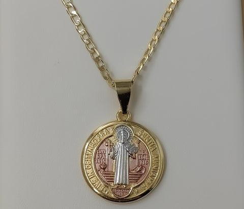Gold plated Saint Benedict medal necklace with 14K chain and Cuban link design.
Tri-color 25mm Saint Benedict medal nec