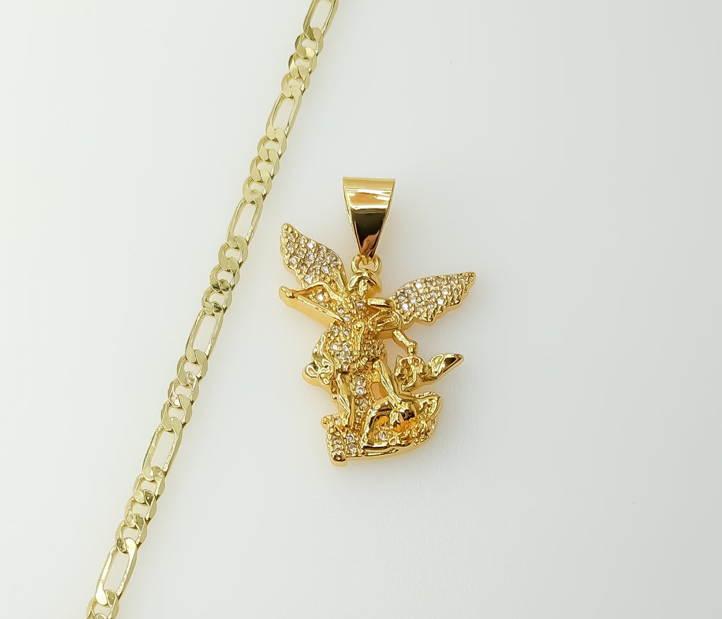 Gold plated 3mm figaro chain archangel Saint Michael necklace with delicate design.