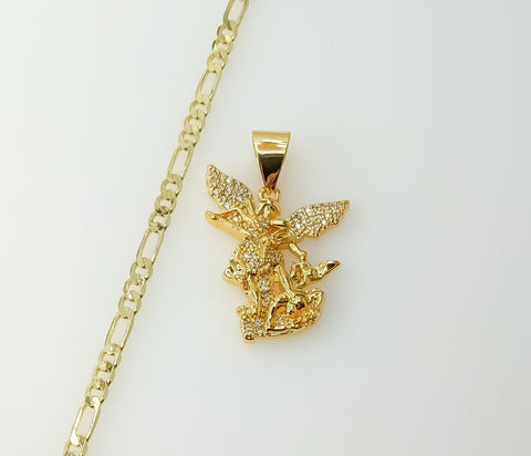 Gold plated 3mm figaro chain archangel Saint Michael necklace with delicate design.