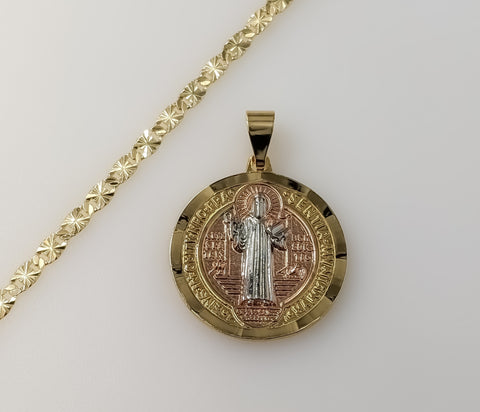 Gold plated tri-color Saint Benedict medal necklace with star chain detail
Plated gold tri-color Saint Benedict medal p