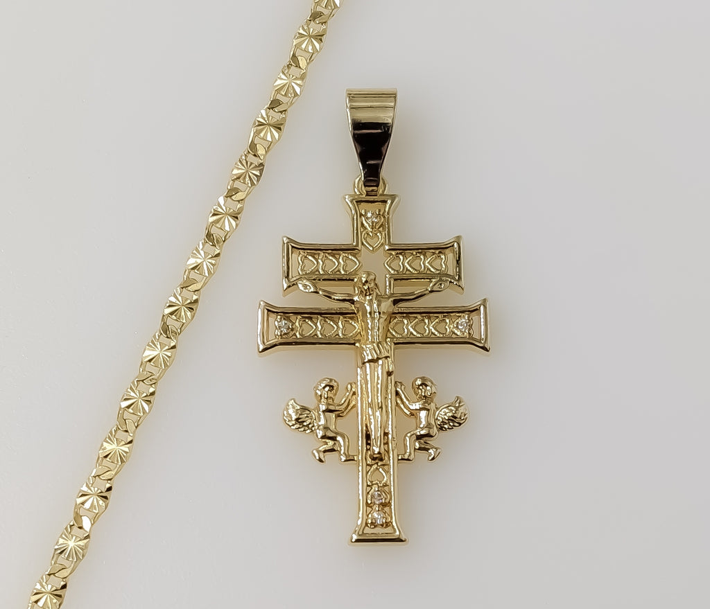 Holy Cross of Caravaca with Angels Plated 3mm Star Chain Faith Necklace