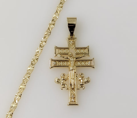 Holy Cross of Caravaca with Angels Plated 3mm Star Chain Faith Necklace