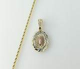 Virgin Mary pendant on a tri-color braided/rope gold plated chain necklace.