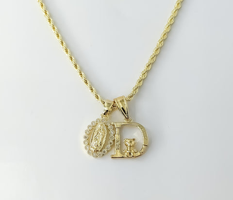 Gold plated Virgin Mary double pendants on 2mm rope braided chain necklace

Gold plated double pendants with Virgin Mary