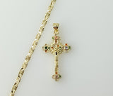 Gold plated small cross Jesus crucifix pendant on a 3mm star chain necklace.