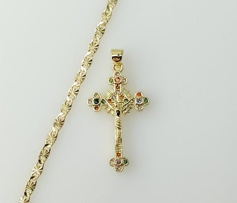 Gold plated small cross Jesus crucifix pendant on a 3mm star chain necklace.