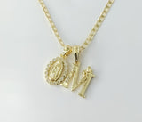 Plated Dainty Letter "M" Virgin Mary Double Pendants 14K 3mm Cuban Chain Necklace