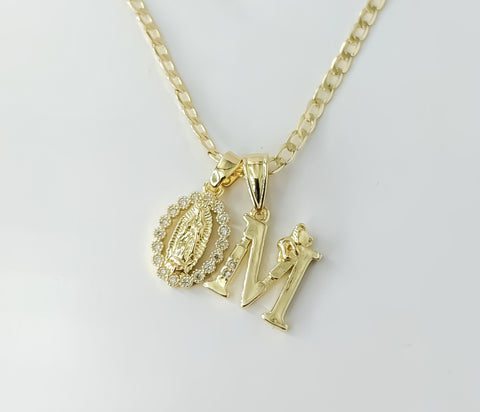 Plated Dainty Letter "M" Virgin Mary Double Pendants 14K 3mm Cuban Chain Necklace