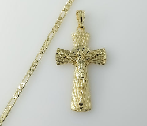 Cross Jesus Crucifix Plated 18K 4mm-5mm Figaro Chain Devotion Necklace