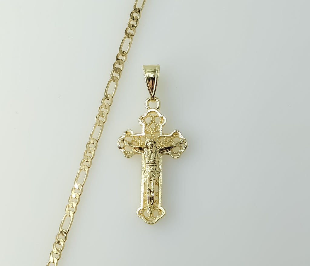 Gold plated figaro chain necklace with a cross pendant on a 3mm chain.

Gold plated cross pendant on a 3mm figaro chai