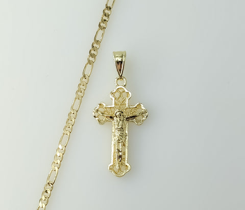 Gold plated figaro chain necklace with a cross pendant on a 3mm chain.

Gold plated cross pendant on a 3mm figaro chai