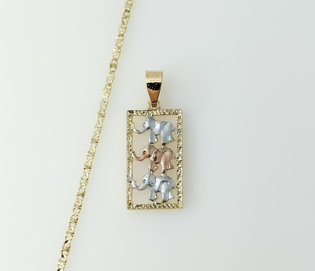Gold plated chain necklace featuring a tri-color elephant design pendant on a star chain.