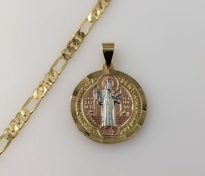 Plated Tri-Color 30mm Saint Benedict Medal 5mm Figaro Chain Necklace