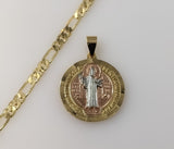 Gold plated Saint Benedict medal pendant on a Figaro chain necklace.

Gold plated Saint Benedict medal pendant suspended