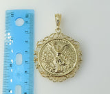 A double-sided Mexican Centenario pendant in a braided rope design.
A large Mexican Centenario coin pendant with intrica