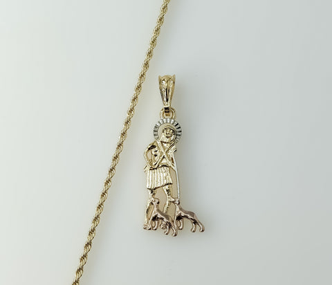 Gold plated rope and braided chain tri-color Saint Lazarus necklace in a classic style.