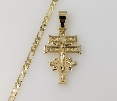 Holy Cross of Caravaca Plated 3mm Figaro Chain Devotion Necklace