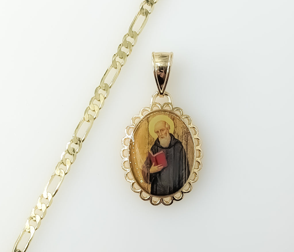 Saint Benedict Plated 18K 3mm-4mm Figaro Chain Devotion Necklace