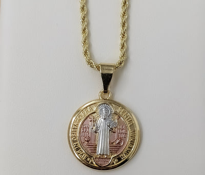 Saint Benedict Tri-Color Medallion 25mm Pendant Golden Plated 2mm Rope Chain Catholic Jewelry