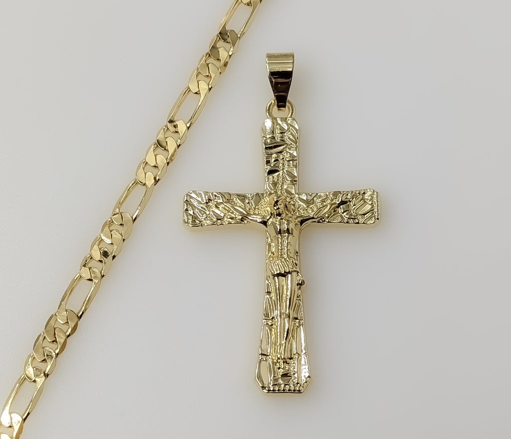 Plated 5mm Figaro Chain Men Nugget Design Jesus Cross Crucifix Hip Hop Jewelry