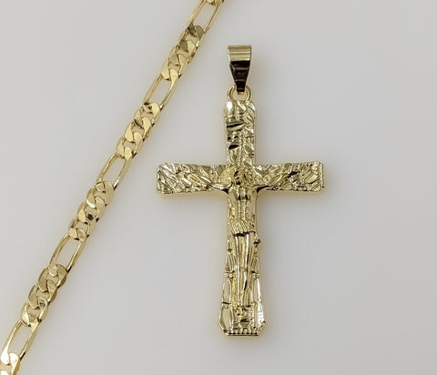 Plated 5mm Figaro Chain Men Nugget Design Jesus Cross Crucifix Hip Hop Jewelry