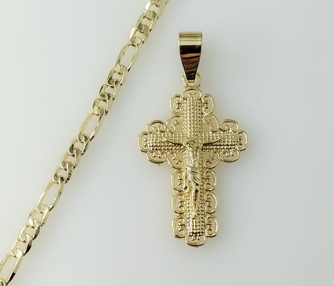 Christian Plated Medium Cross Jesus Crucifix 18K 4mm-5mm Figaro Chain Necklace