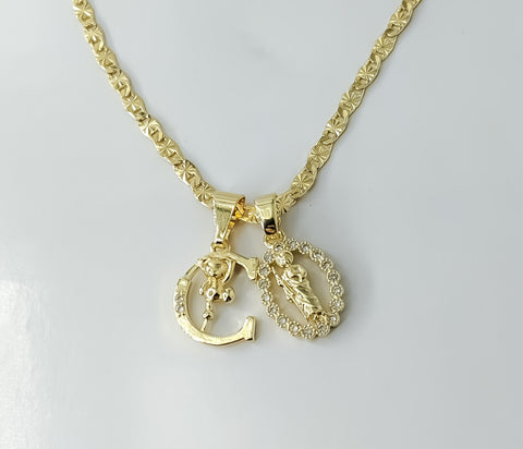 Plated Dainty Letter "C" Saint Jude Double Pendants 3mm Star Chain Necklace
