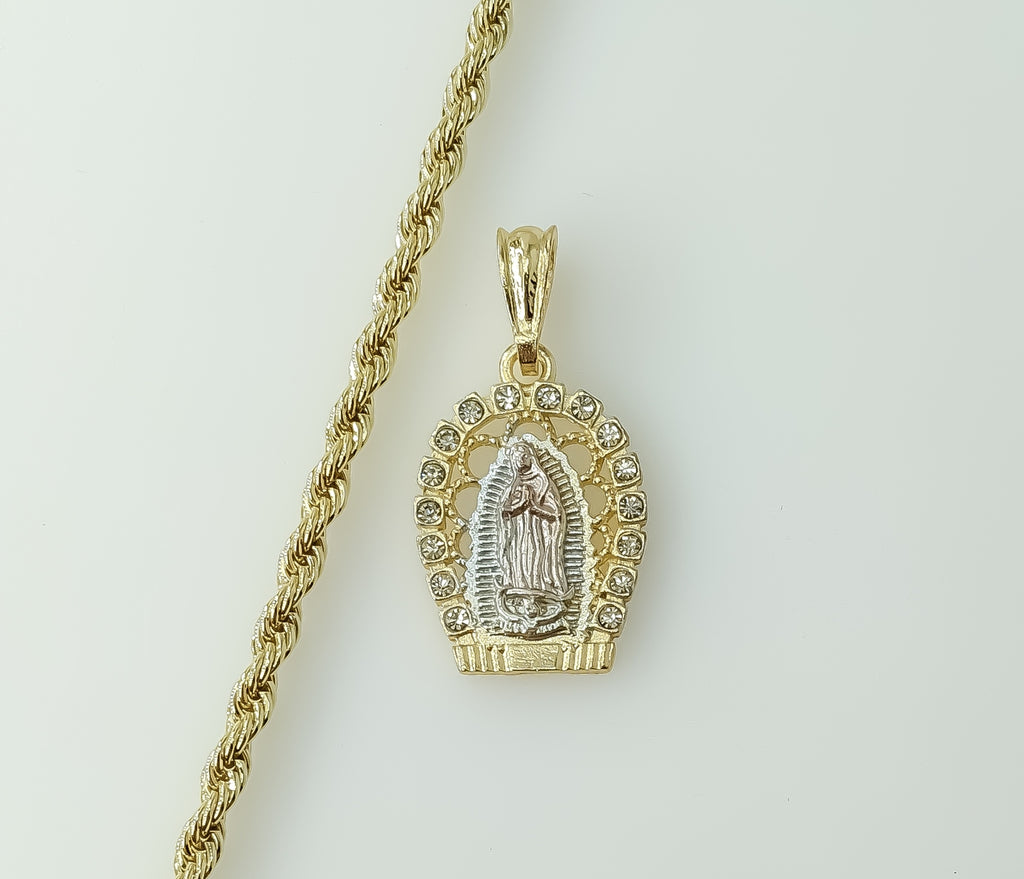 Gold plated tri-color chain necklace featuring Virgin Mary pendant design.

Gold plated braided chain necklace with Virg