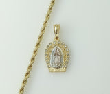 Gold plated tri-color chain necklace featuring Virgin Mary pendant design.

Gold plated braided chain necklace with Virg