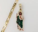 St Jude Patron Saint of Miracles Small Green Plated 5mm Figaro Chain Necklace
