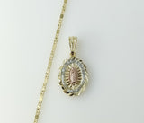 Gold plated 2mm star chain necklace with Virgin Mary pendant in tri-color design.

Gold plated star chain necklace with