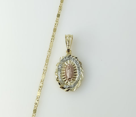Gold plated 2mm star chain necklace with Virgin Mary pendant in tri-color design.

Gold plated star chain necklace with