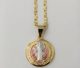 Gold plated tri-color Saint Benedict medal pendant on a 3mm star chain necklace.