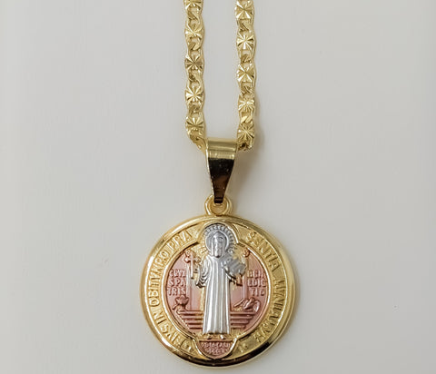 Gold plated tri-color Saint Benedict medal pendant on a 3mm star chain necklace.