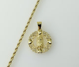 Gold plated small Virgin Mary pendant on a rope and braided chain necklace.