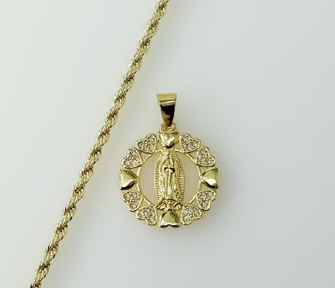 Gold plated small Virgin Mary pendant on a rope and braided chain necklace.