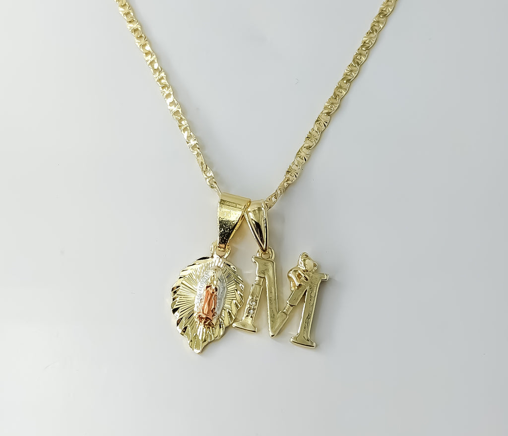 Gold plated dainty letter M pendants on a 2.5mm star chain, tri-color design.