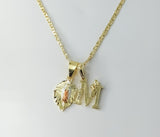 Gold plated dainty letter M pendants on a 2.5mm star chain, tri-color design.