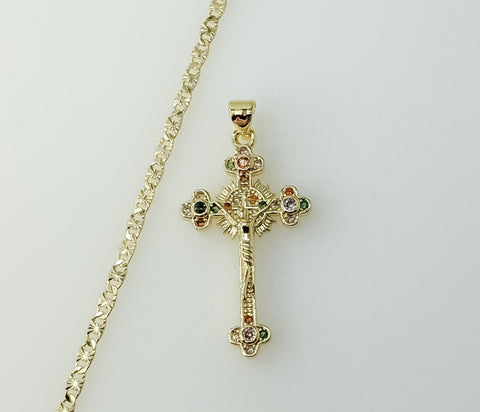 Gold plated cross pendant on a 2.5mm star chain necklace
Gold plated crucifix pendant with chain details on a 2.5mm sta